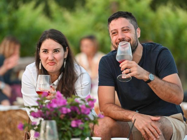 Due persone sorridenti brindano all'aperto con calici di vino.
