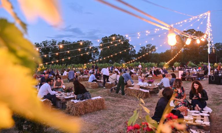 Abendessen im Freien mit Lichtern und Heuballen, gesellige Atmosphäre.